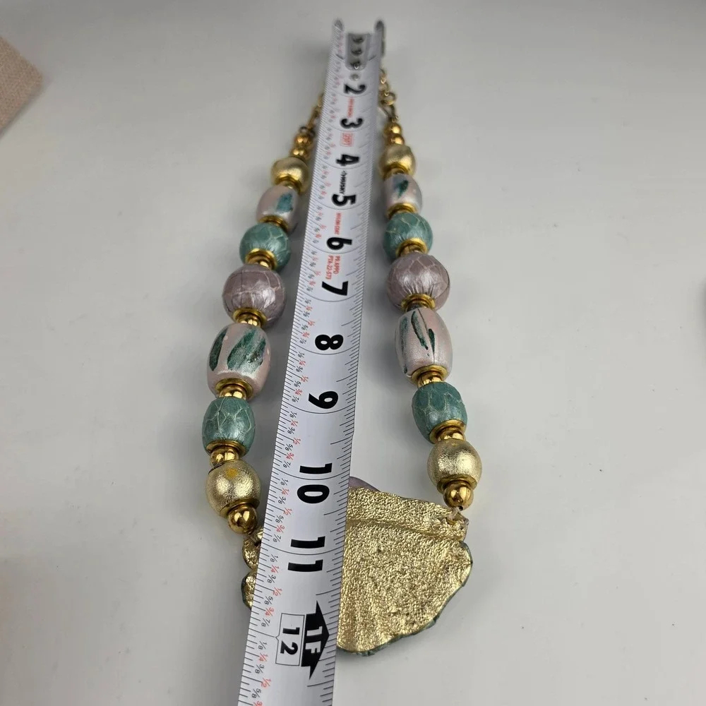 Vintage 1990s Chunky Statement‎ Necklace Amethyst Stone Painted Beads Gold Tone
